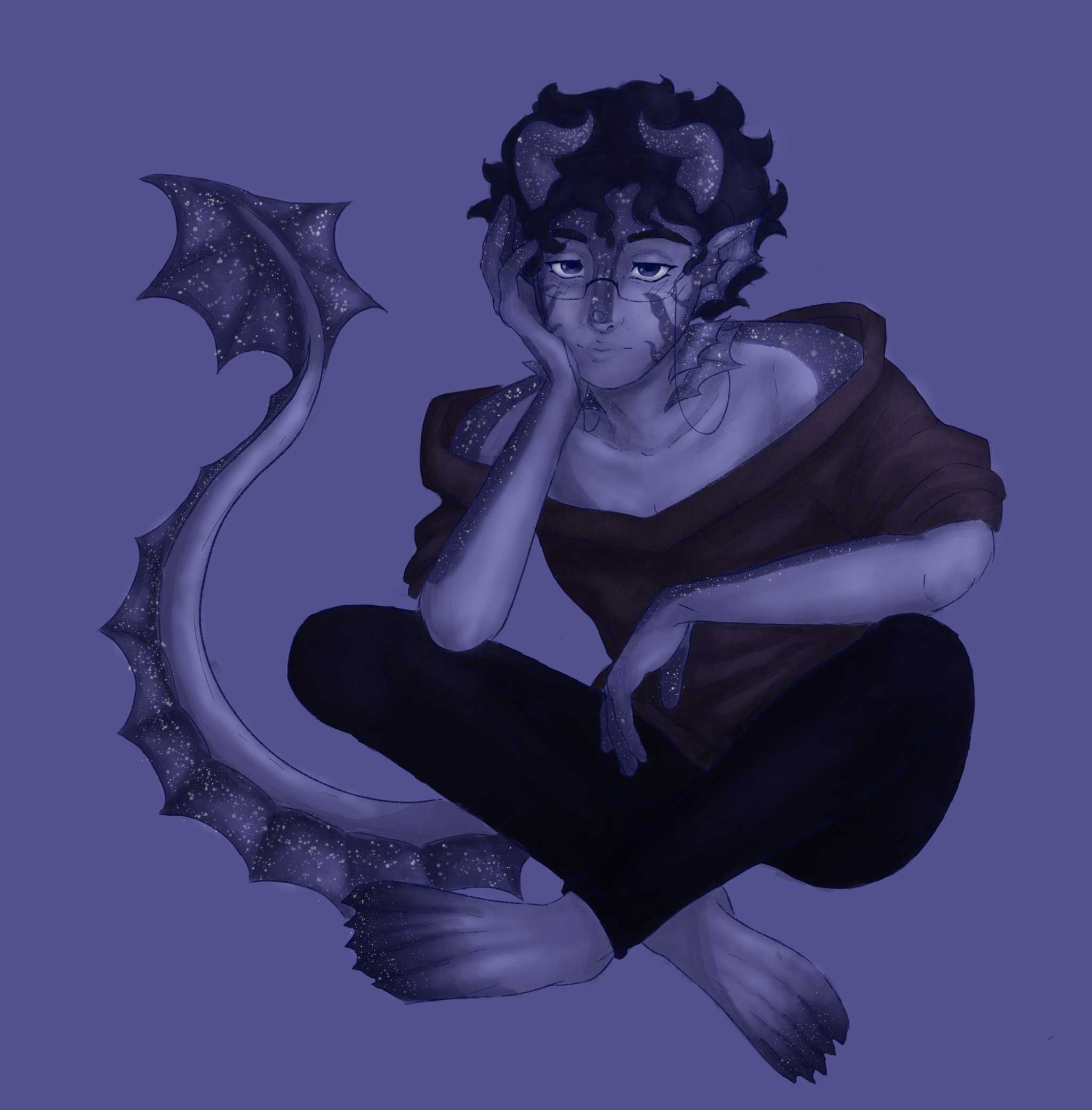 A character sitting cross legged, he has a finned tail
