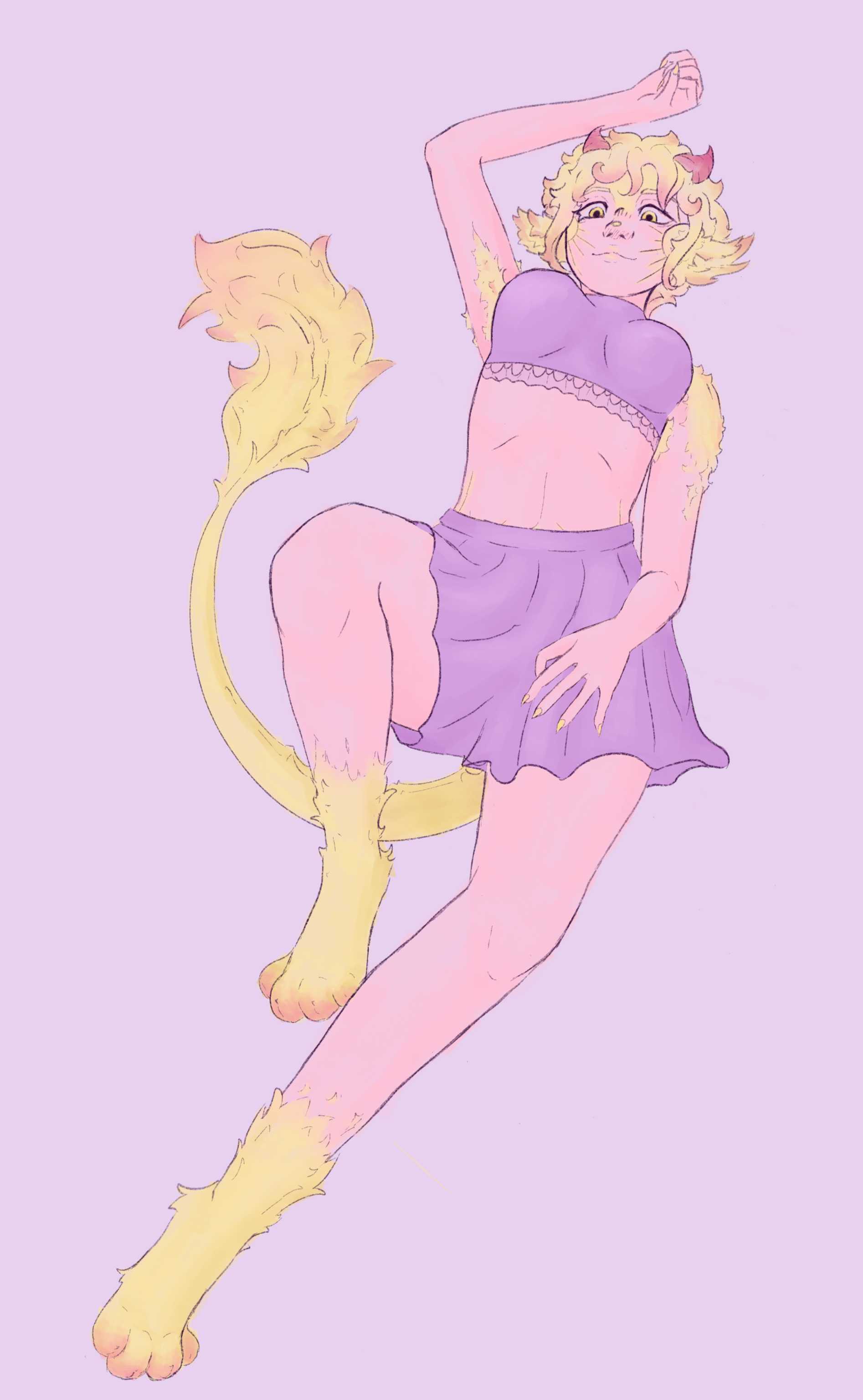 A female character laying back with one arm over her head, she has paws instead of feet and is looking downwards