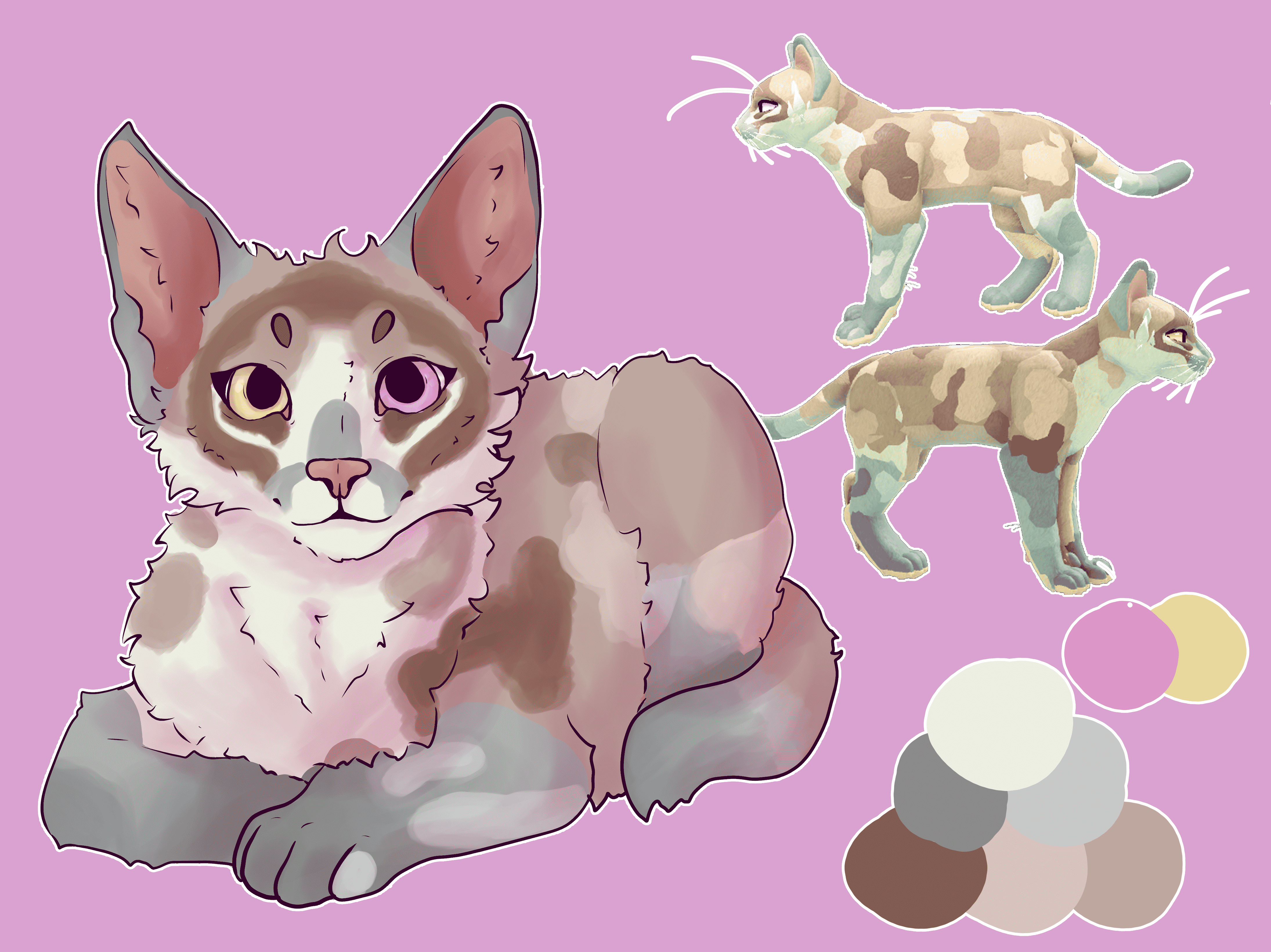 Illustration of a lighter cat with one pink eye and one yellow eye
